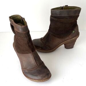 El Naturalista Brown Suede Leather Boots Bootie EU Sz 38 US 7.5 Unique Heel